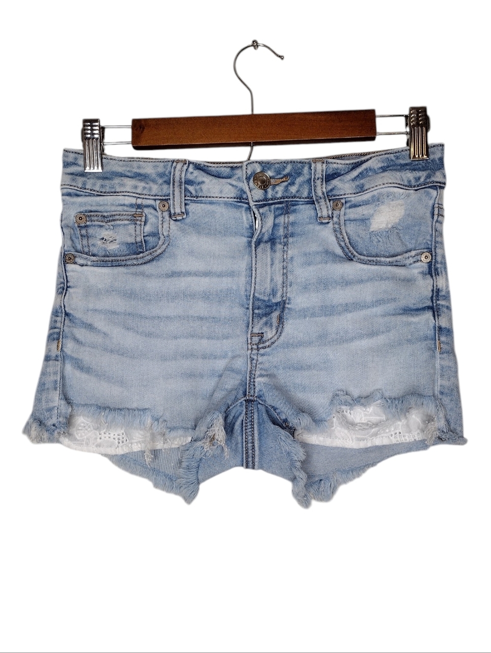 American Eagle Outfitters Shortie Light Blue Distressed Denim Shorts Sz 6